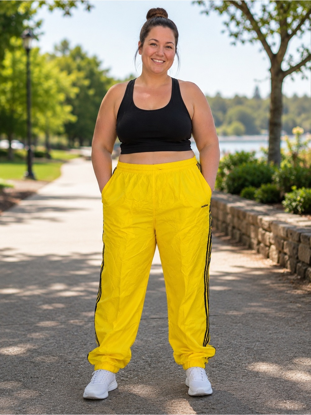 Vintage Adidas Women's Yellow Track Pants with Black Side Stripes